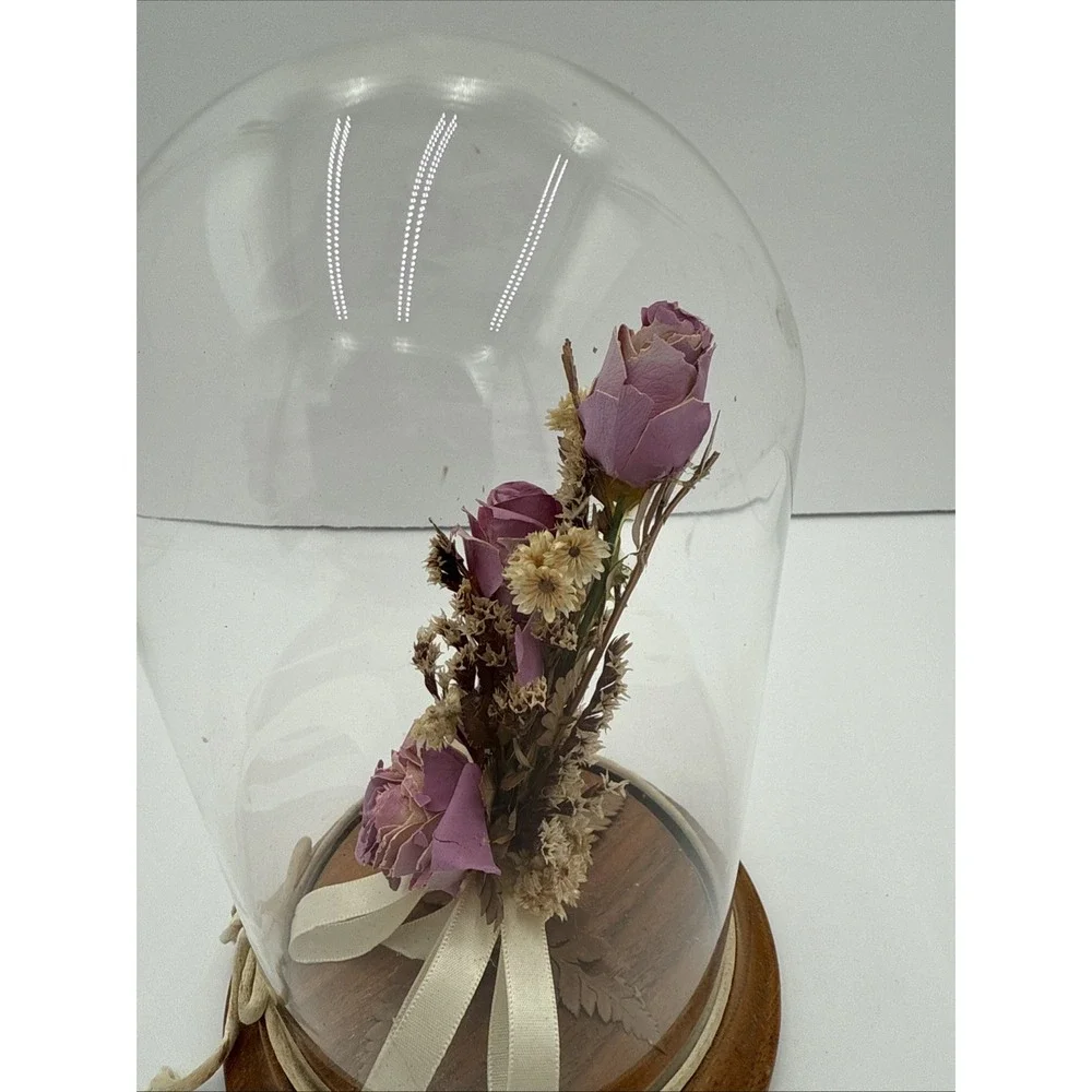 Vintage Dried Rose‎ Flowers Under Glass Dome Wood Base